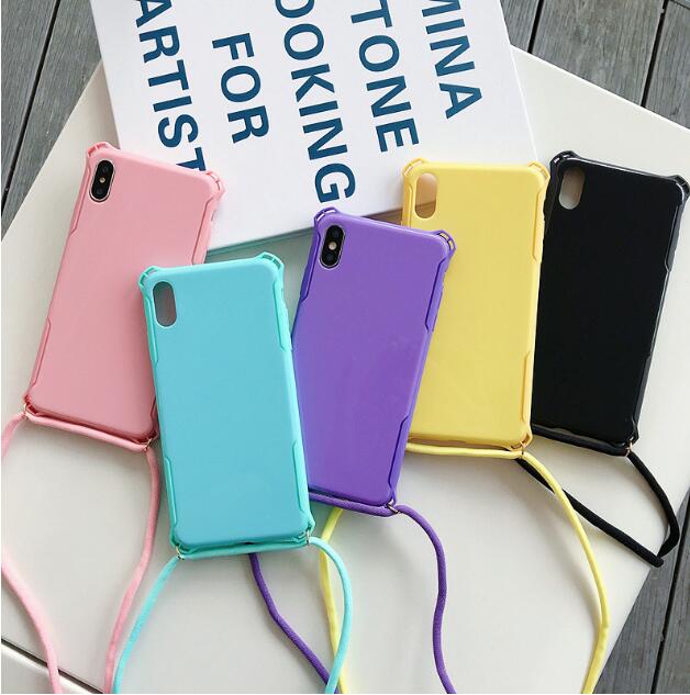 Lanyard Chain Tape Necklace Candy Color Phone Case For iPhone 11 7 8 Plus X XR XS 11Pro Max Airbag Soft TPU Back Shell For Carry