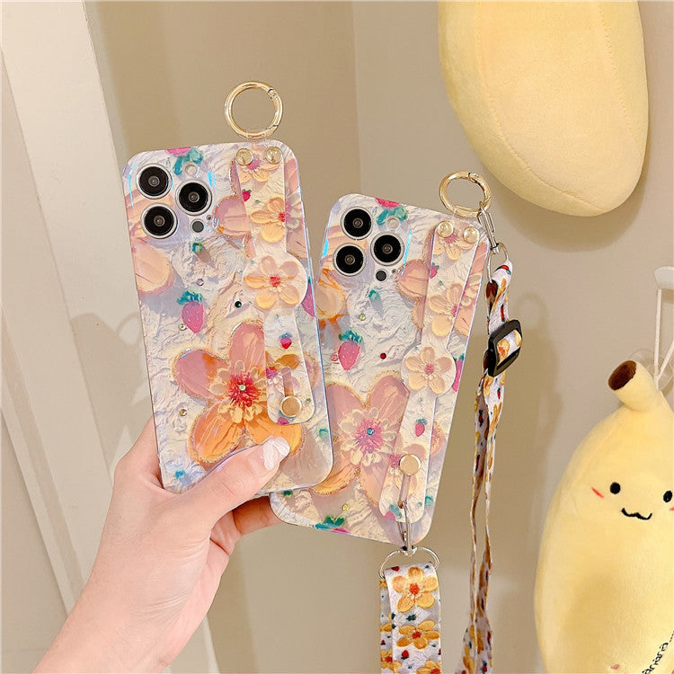 Summer Fresh Yellow Flowers Suitable For Apple iPhone 12promax Mobile Phone Cover Blue Rhinestone XS Lanyard 13 Drops Of Glue
