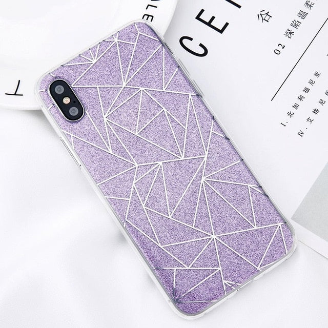 Glitter Bling Powder Phone Case For iPhone X Geometric Lines Hard PC Back Cover Cases For iPhone 8 7 6 6s Plus 5 5s SE