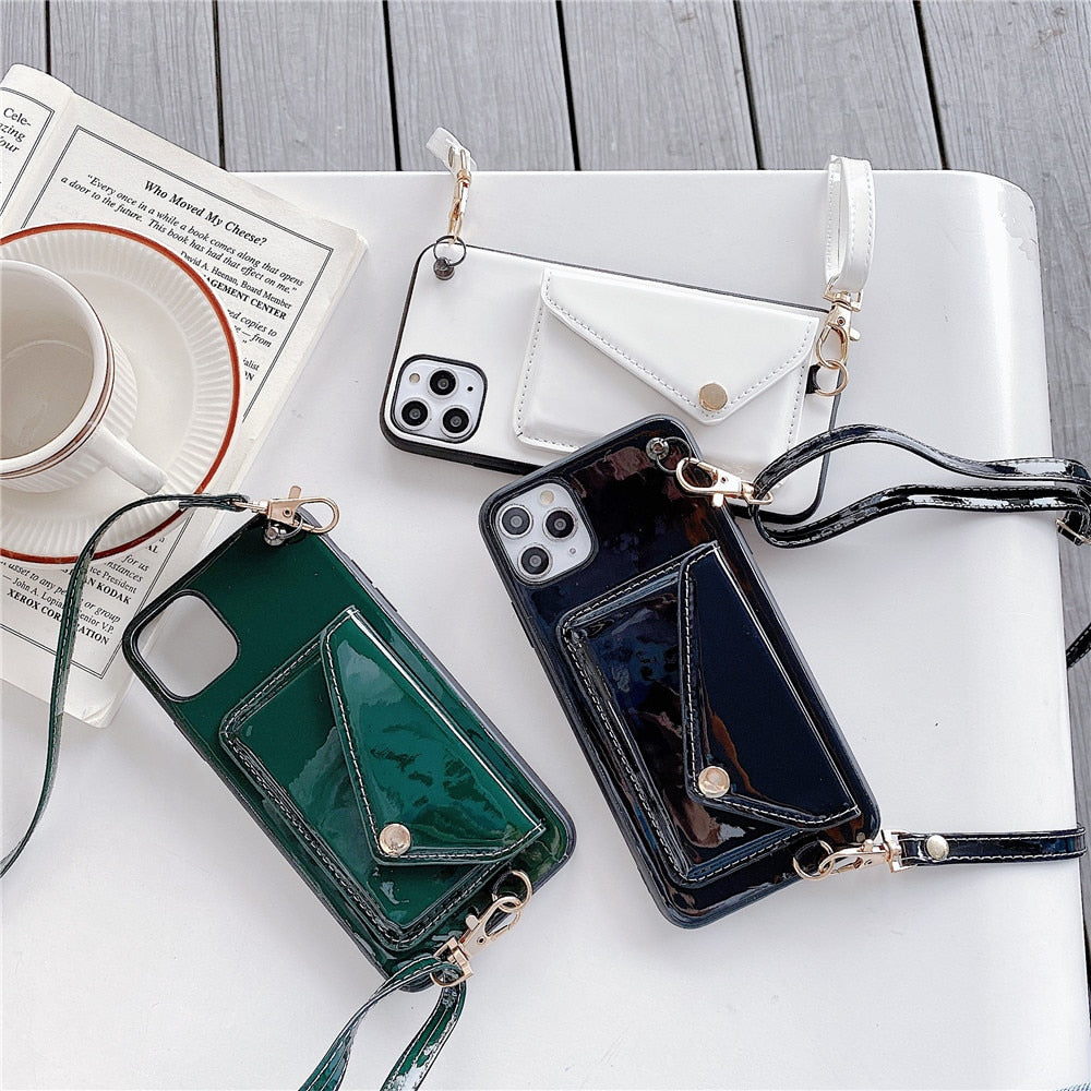Fashion Glossy wallet leather Phone Case For iPhone 13 12 11 Pro XR XS Max 8 7 Plus Luxury card holder Strap Lanyard Soft Cover