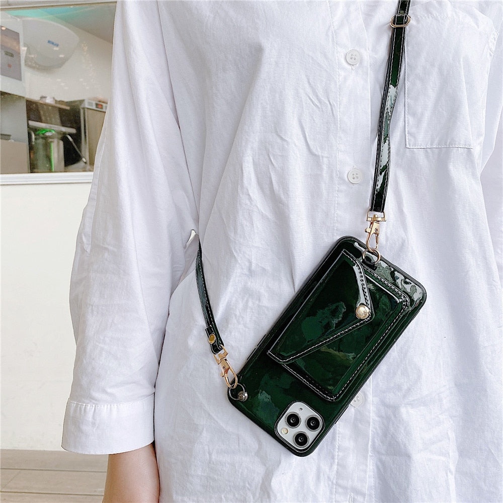 Fashion Glossy wallet leather Phone Case For iPhone 13 12 11 Pro XR XS Max 8 7 Plus Luxury card holder Strap Lanyard Soft Cover