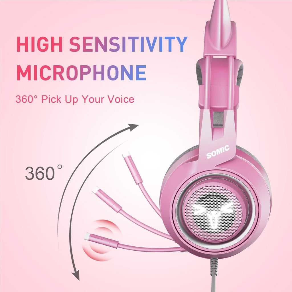Wired Headphones Gaming Headset 3.5mm Stereo Surround Sound USB 7.1 Led Light Earphones With Microphone For PS4 Game G951 Pink