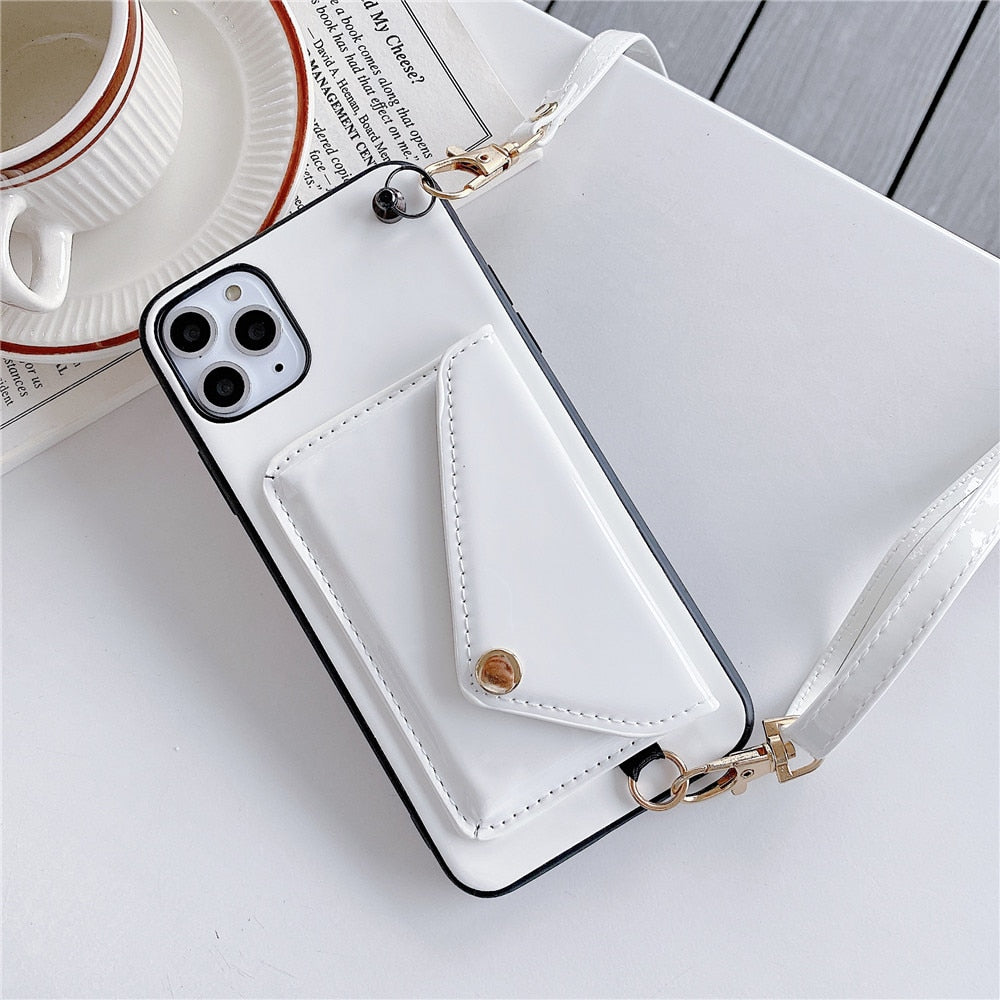 Fashion Glossy wallet leather Phone Case For iPhone 13 12 11 Pro XR XS Max 8 7 Plus Luxury card holder Strap Lanyard Soft Cover