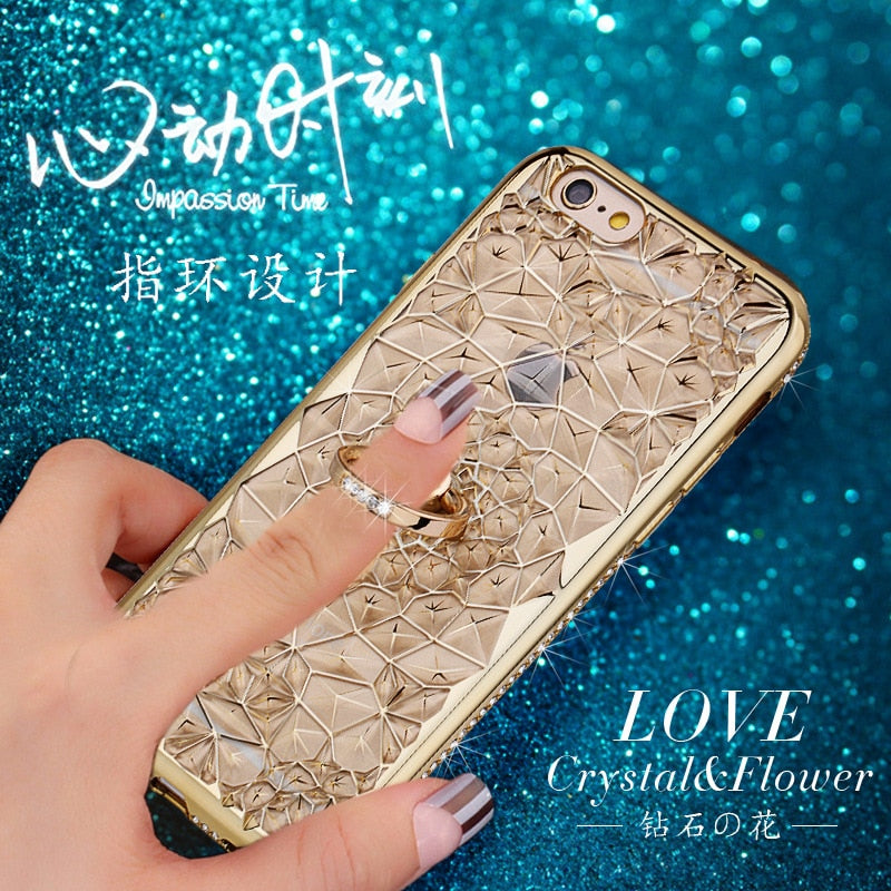 for iPhone X Xs Max XR Case Luxury 3D Soft Ring Capa for iPhone 5 5S SE 6 S 7 8 Plus Ring Silicon Glitter Rhinestone Stand Cover