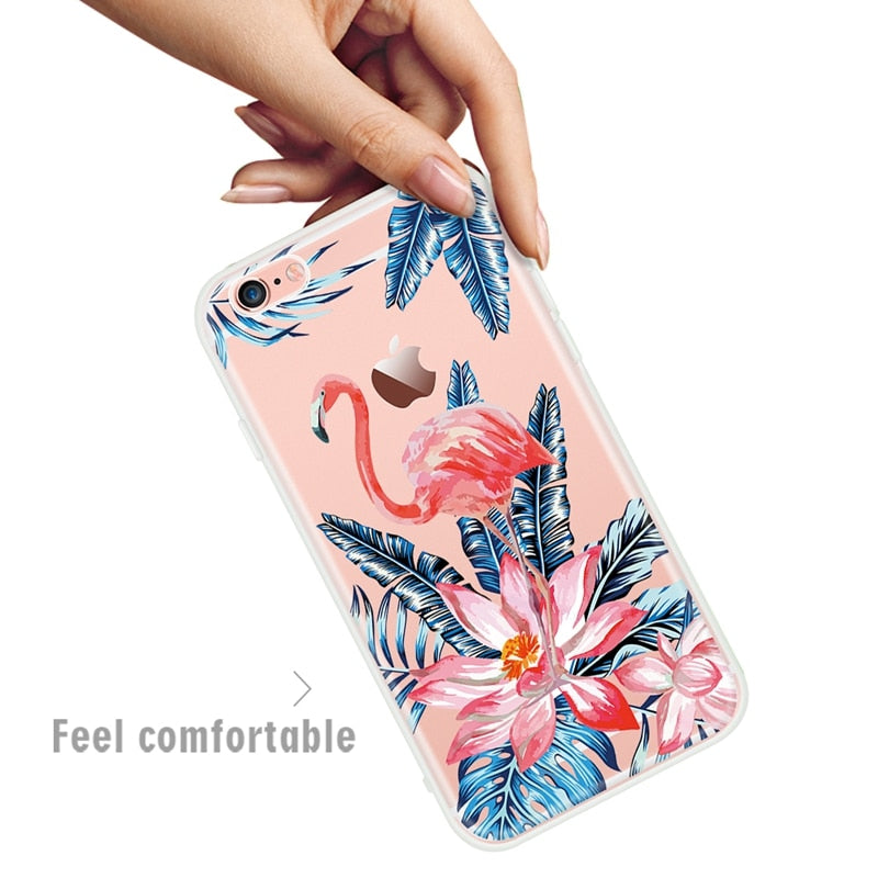 Silicon Case For iPhone 7 7Plus 6 6S 5 5S SE Case Soft TPU Cover Flower Leaves Bird