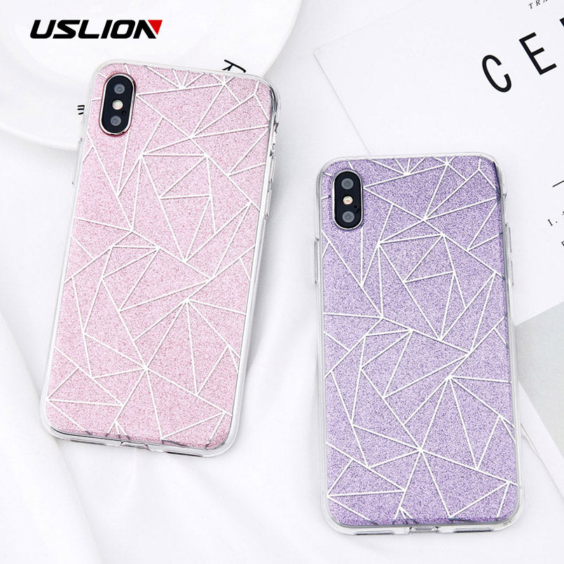 Glitter Bling Powder Phone Case For iPhone X Geometric Lines Hard PC Back Cover Cases For iPhone 8 7 6 6s Plus 5 5s SE