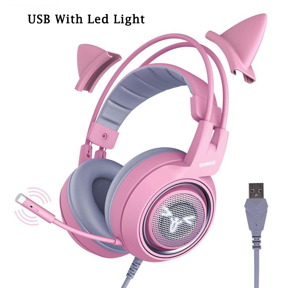 Wired Headphones Gaming Headset 3.5mm Stereo Surround Sound USB 7.1 Led Light Earphones With Microphone For PS4 Game G951 Pink