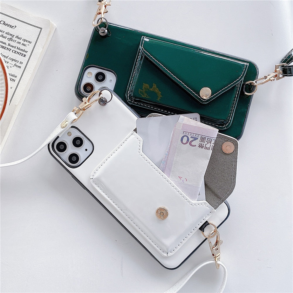 Fashion Glossy wallet leather Phone Case For iPhone 13 12 11 Pro XR XS Max 8 7 Plus Luxury card holder Strap Lanyard Soft Cover