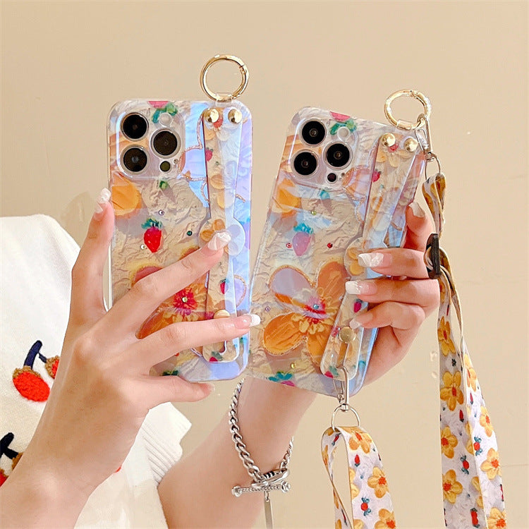 Summer Fresh Yellow Flowers Suitable For Apple iPhone 12promax Mobile Phone Cover Blue Rhinestone XS Lanyard 13 Drops Of Glue