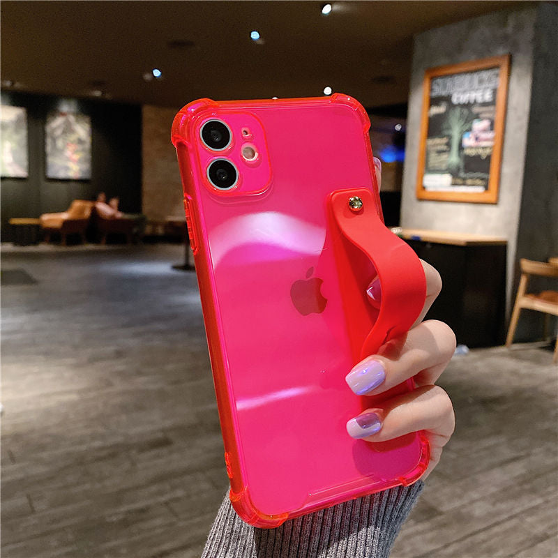 Wrist Strap Transparent Phone Case For iPhone 11 11Pro Max XR XS Max X 7 8 Plus 11Pro 12 Pro Fluorescent Color Soft Back Cover