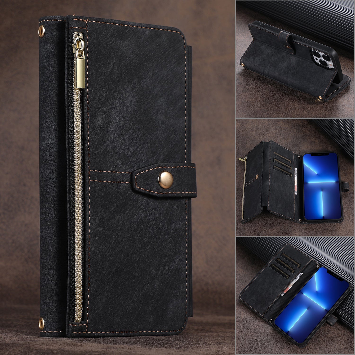 Suitable for IP14PROMAX multi slot zipper bag, Apple 13pro diagonal cross phone protective case, flip cover leather case