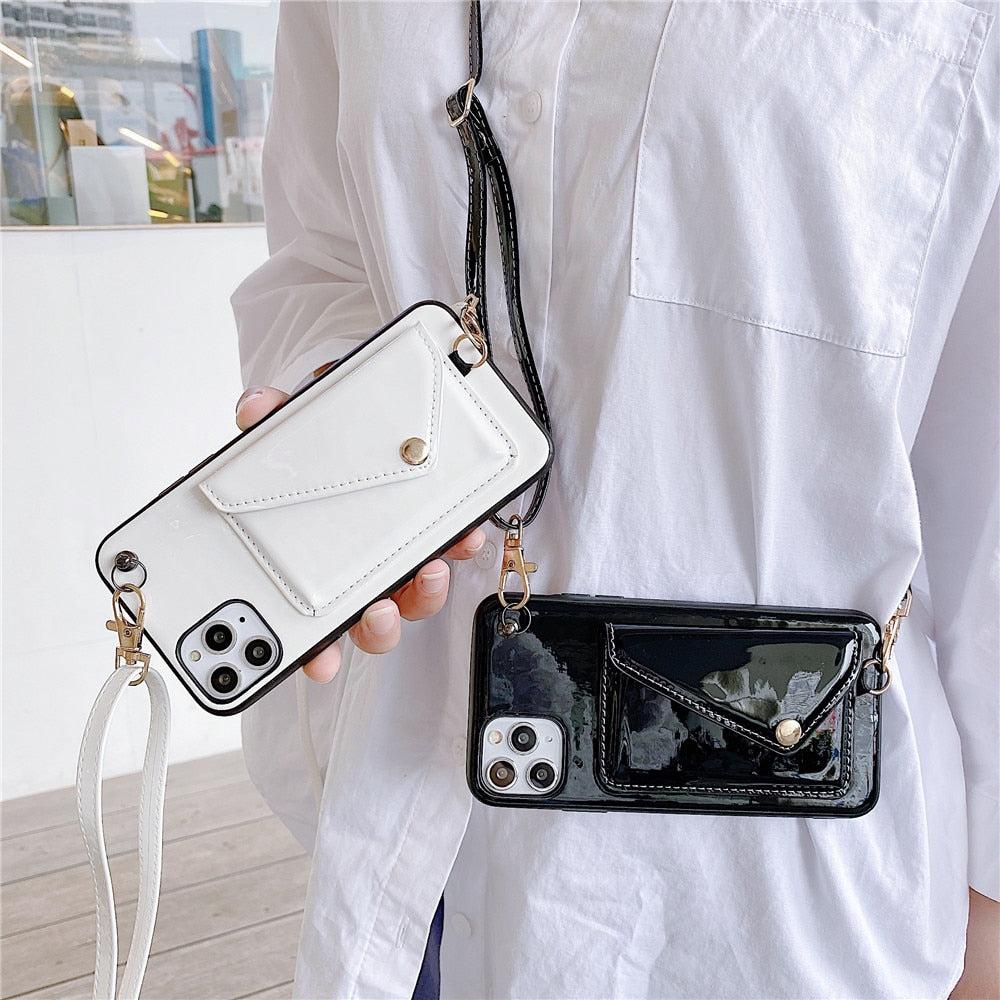 Fashion Glossy wallet leather Phone Case For iPhone 13 12 11 Pro XR XS Max 8 7 Plus Luxury card holder Strap Lanyard Soft Cover