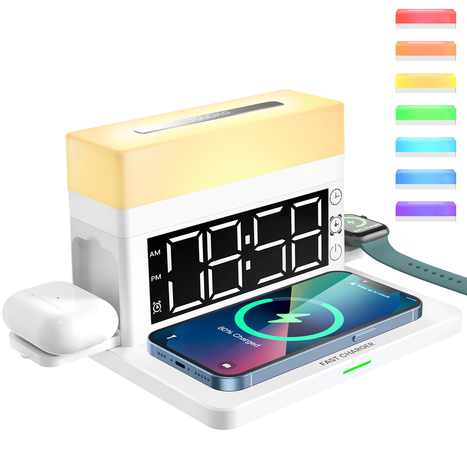 Multifunctional Wireless Charger 15W Fast Charge Desk Lamp Alarm Clock 6 in 1 for Apple Huawei