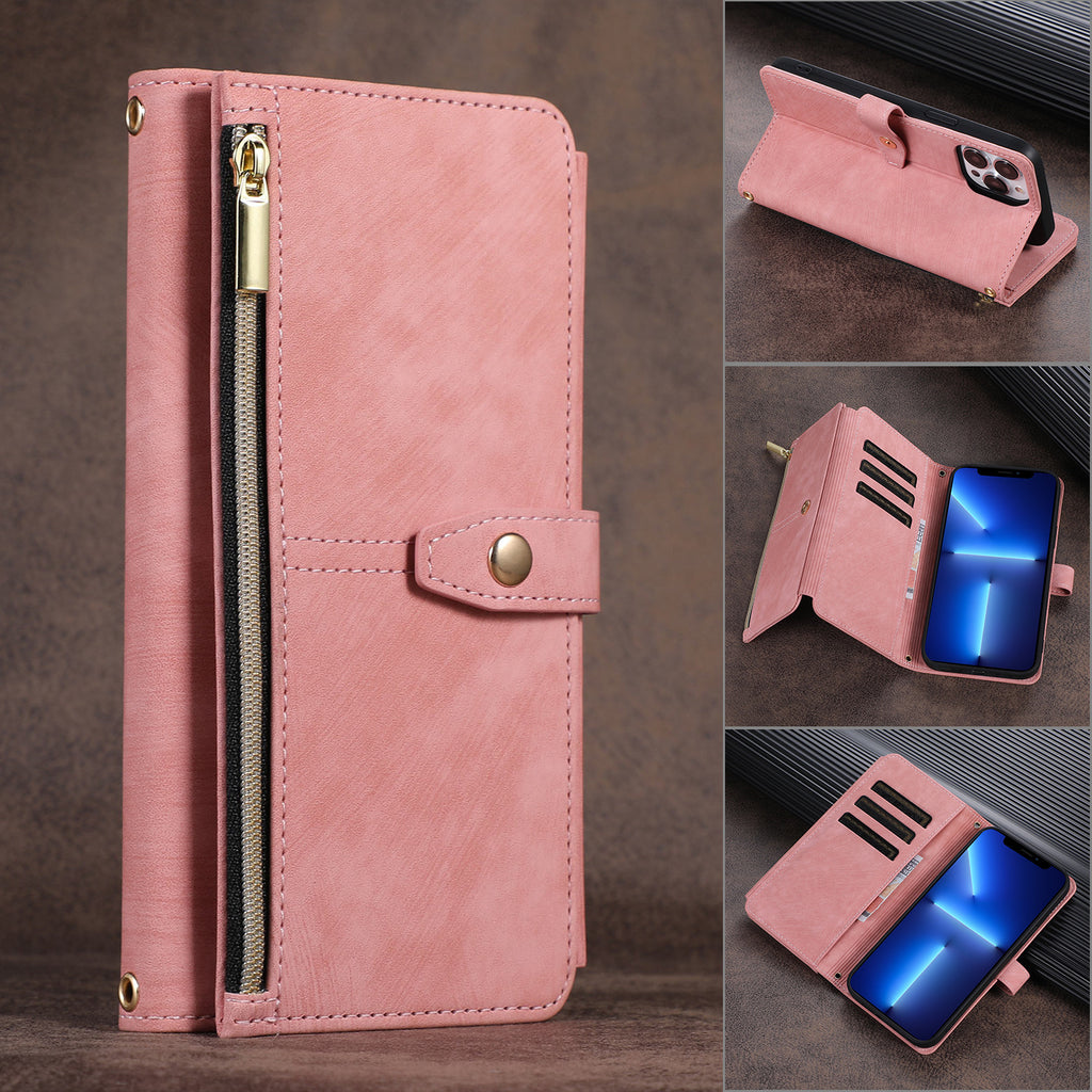 Suitable for IP14PROMAX multi slot zipper bag, Apple 13pro diagonal cross phone protective case, flip cover leather case