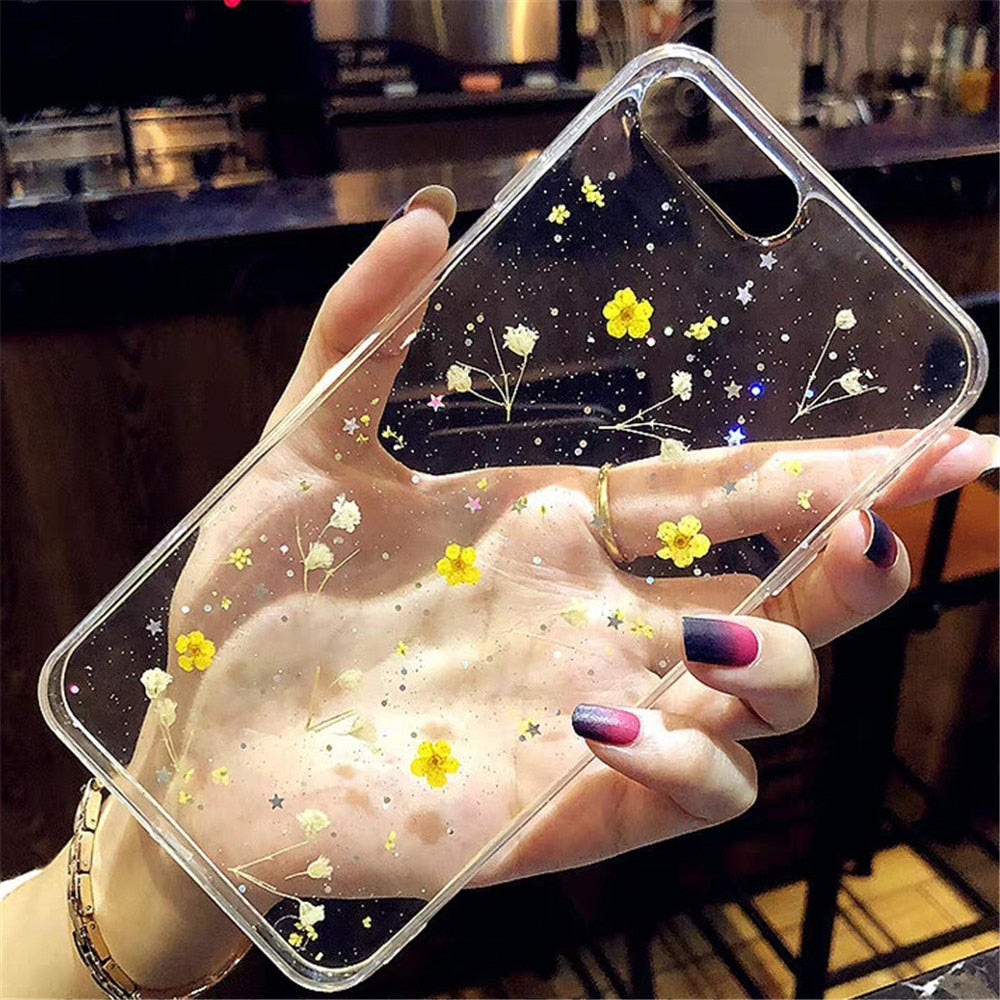 Real Flowers Dried Flowers Transparent Soft TPU Cover For Coque iPhone X 6 6S 7 8 plus Phone Case For iphone XS Max XR Cover