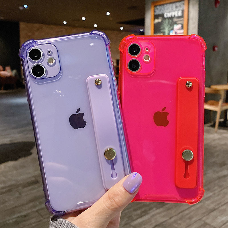 Wrist Strap Transparent Phone Case For iPhone 11 11Pro Max XR XS Max X 7 8 Plus 11Pro 12 Pro Fluorescent Color Soft Back Cover