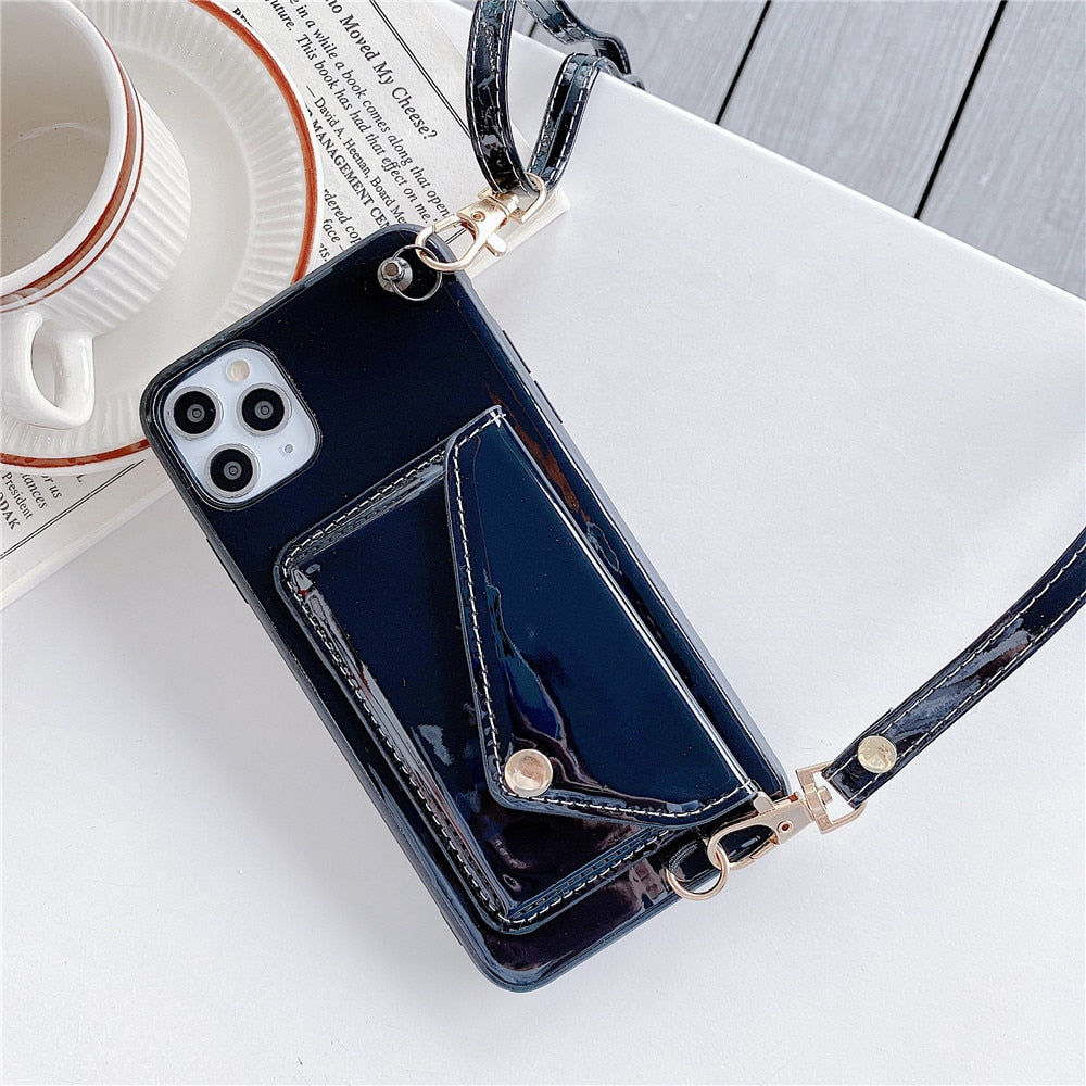 Fashion Glossy wallet leather Phone Case For iPhone 13 12 11 Pro XR XS Max 8 7 Plus Luxury card holder Strap Lanyard Soft Cover