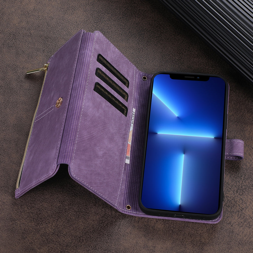 Suitable for IP14PROMAX multi slot zipper bag, Apple 13pro diagonal cross phone protective case, flip cover leather case