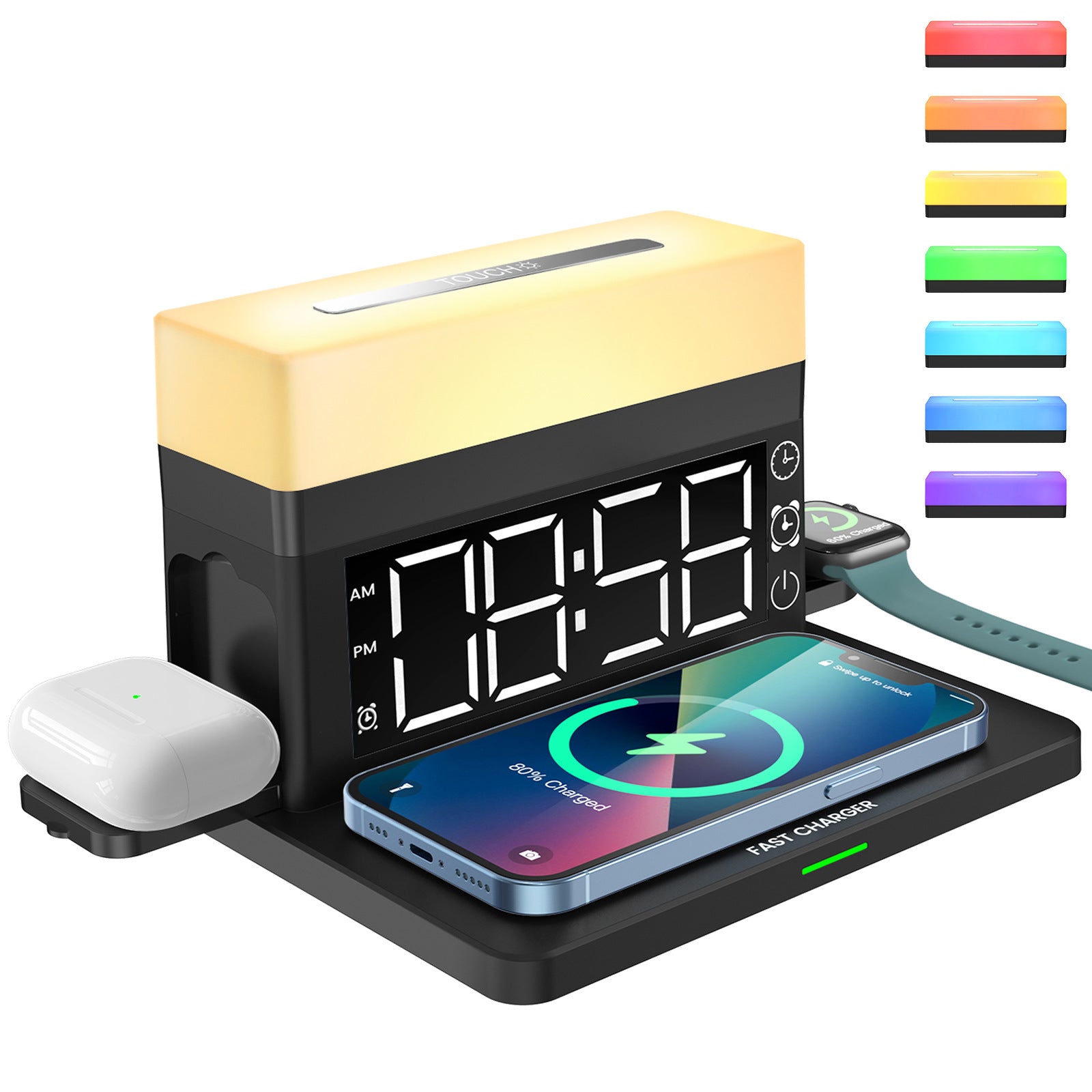 Multifunctional Wireless Charger 15W Fast Charge Desk Lamp Alarm Clock 6 in 1 for Apple Huawei