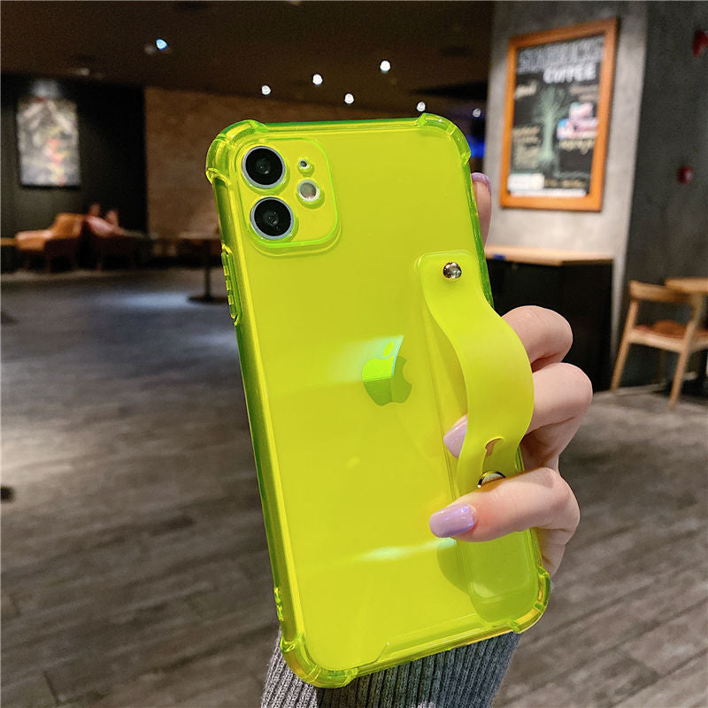 Wrist Strap Transparent Phone Case For iPhone 11 11Pro Max XR XS Max X 7 8 Plus 11Pro 12 Pro Fluorescent Color Soft Back Cover
