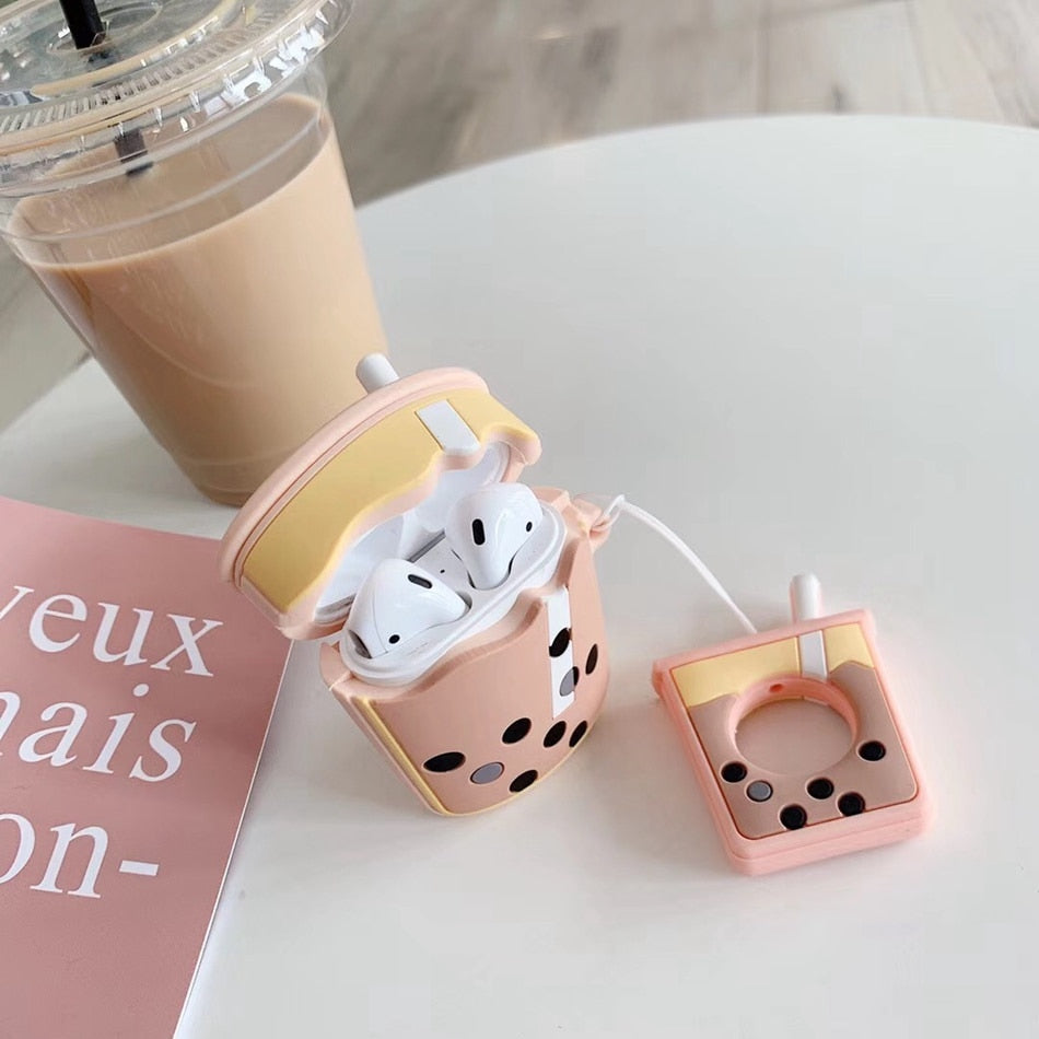 For AirPods Case Cartoon Cute Funny Milk Bubble Tea Drink Bottle Earphone Protect Cover For Airpods 2 with Finger Ring Strap