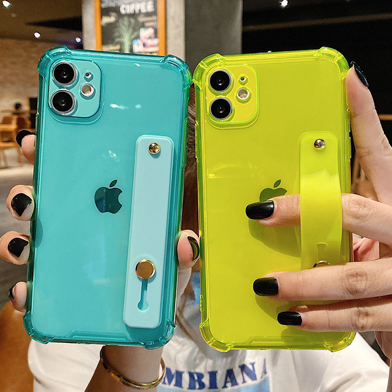 Wrist Strap Transparent Phone Case For iPhone 11 11Pro Max XR XS Max X 7 8 Plus 11Pro 12 Pro Fluorescent Color Soft Back Cover