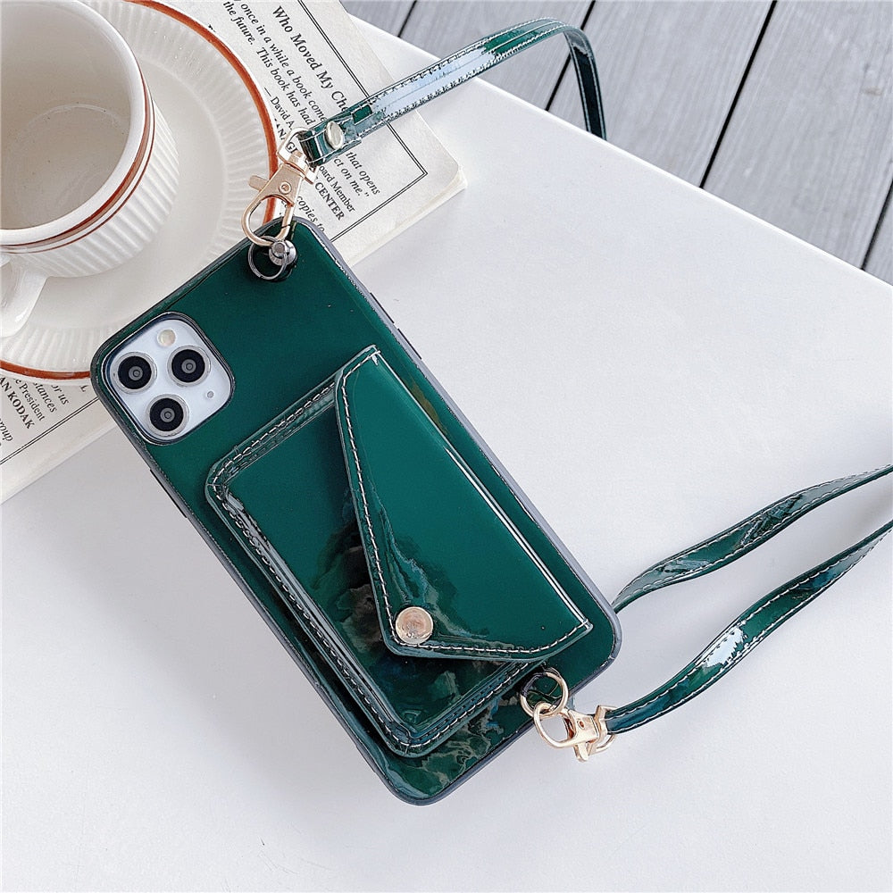 Fashion Glossy wallet leather Phone Case For iPhone 13 12 11 Pro XR XS Max 8 7 Plus Luxury card holder Strap Lanyard Soft Cover