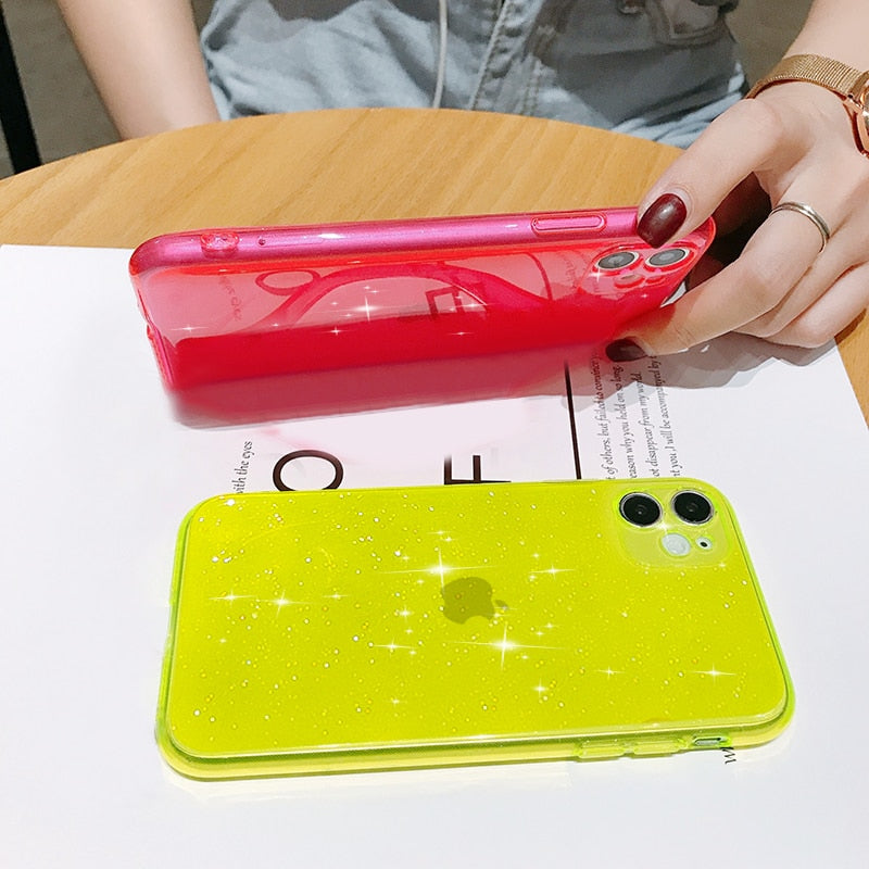 Glitter Fluorescent Colors Phone Cases On For iphone 12 11 Pro Max Mini XR X XS Max 6 6S 7 8 Plus 7Plus SE Soft TPU Cover