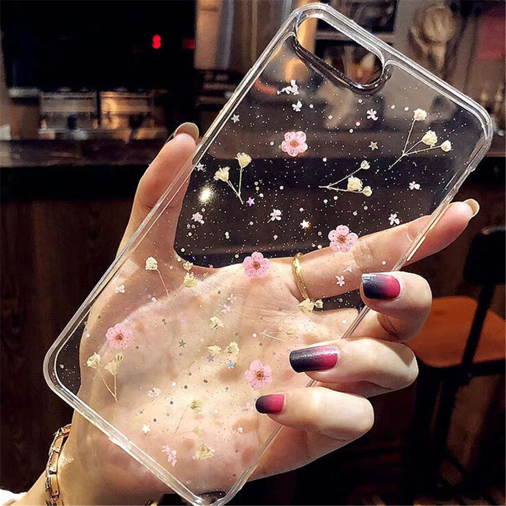 Real Flowers Dried Flowers Transparent Soft TPU Cover For Coque iPhone X 6 6S 7 8 plus Phone Case For iphone XS Max XR Cover