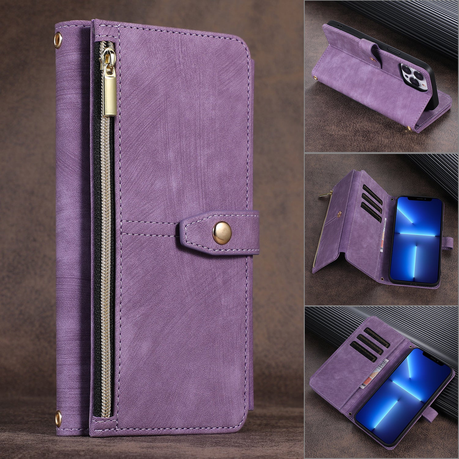 Suitable for IP14PROMAX multi slot zipper bag, Apple 13pro diagonal cross phone protective case, flip cover leather case