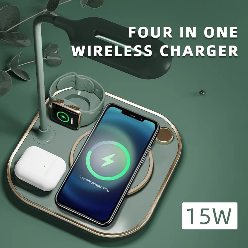 15w Fast 3 In 1 Wireless Charging for IPhone Phone Watch Earphone Modern Led Office Desk Lamp Wireless Charger Lamp