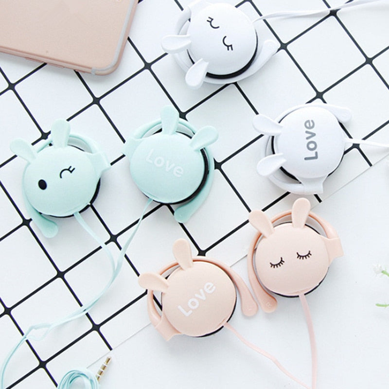 QearFun Cartoon Rabbit Ear Hook Wired Earphone Sport Running Stereo Headphones Children Girl Headset For Mobile Phone