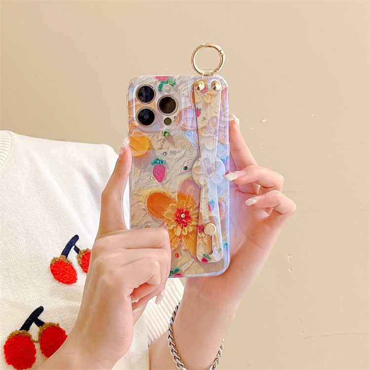 Summer Fresh Yellow Flowers Suitable For Apple iPhone 12promax Mobile Phone Cover Blue Rhinestone XS Lanyard 13 Drops Of Glue