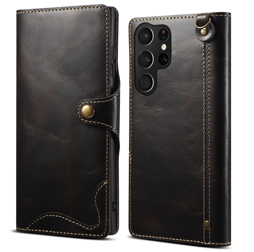 Samsung S22 Retro Leather Leather Case S24Ultra Phone Case Flip Cover S10+Card Insertion Leather Case Comes with Hand Rope