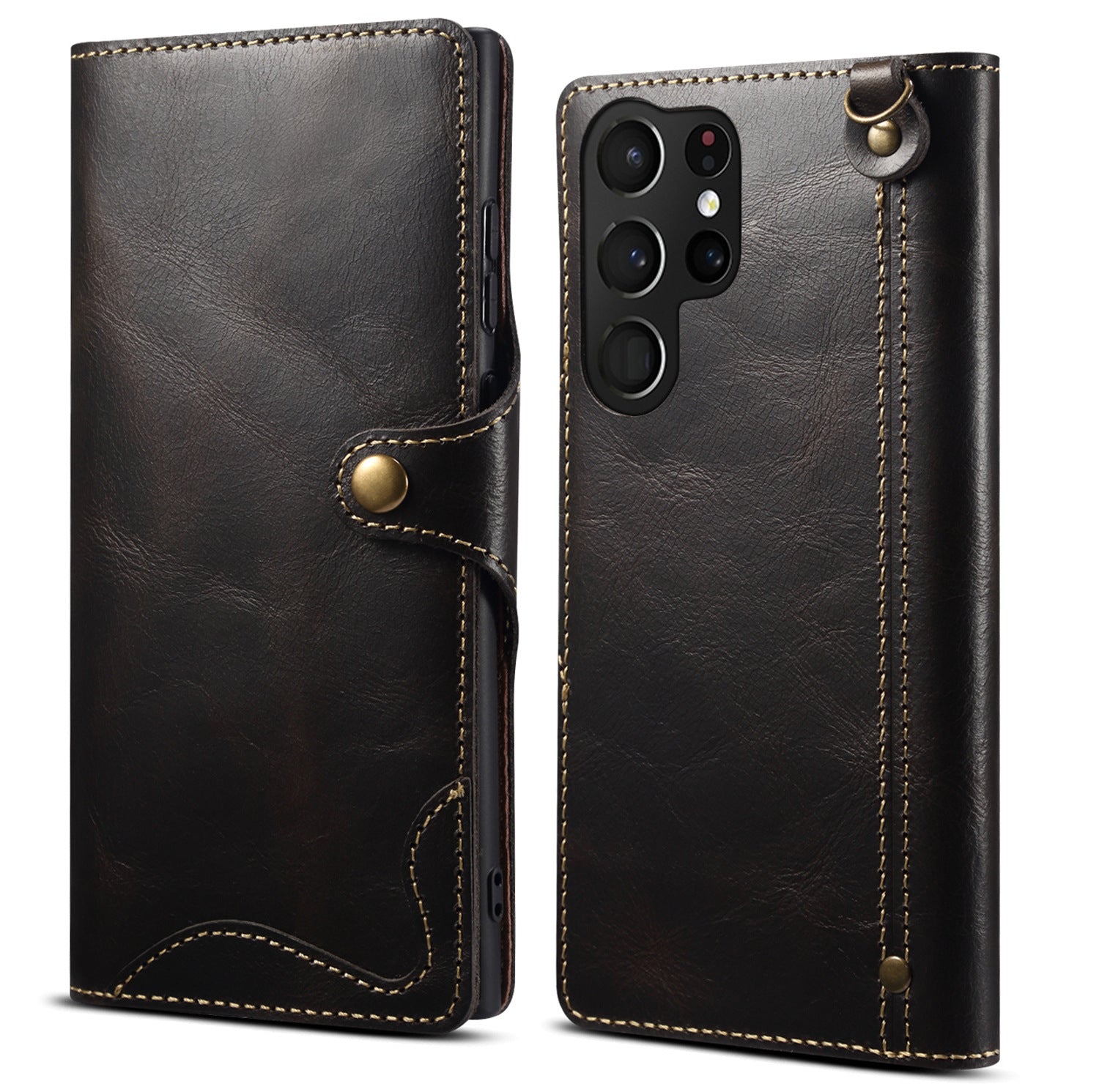 Samsung S22 Retro Leather Leather Case S24Ultra Phone Case Flip Cover S10+Card Insertion Leather Case Comes with Hand Rope