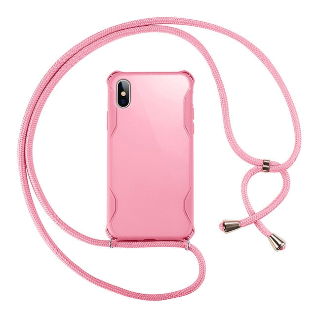 Lanyard Chain Tape Necklace Candy Color Phone Case For iPhone 11 7 8 Plus X XR XS 11Pro Max Airbag Soft TPU Back Shell For Carry