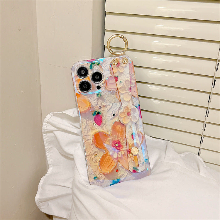 Summer Fresh Yellow Flowers Suitable For Apple iPhone 12promax Mobile Phone Cover Blue Rhinestone XS Lanyard 13 Drops Of Glue