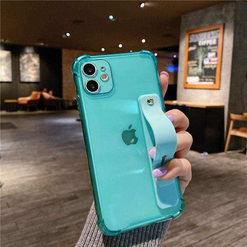 Wrist Strap Transparent Phone Case For iPhone 11 11Pro Max XR XS Max X 7 8 Plus 11Pro 12 Pro Fluorescent Color Soft Back Cover
