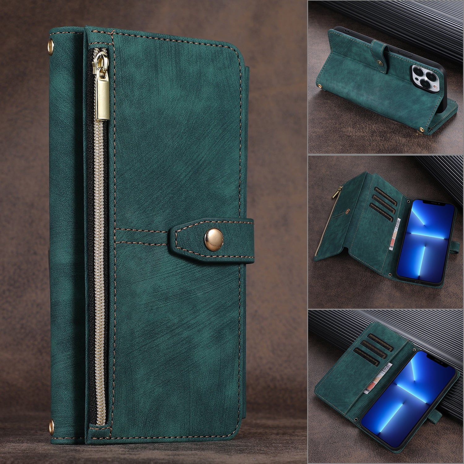Suitable for IP14PROMAX multi slot zipper bag, Apple 13pro diagonal cross phone protective case, flip cover leather case
