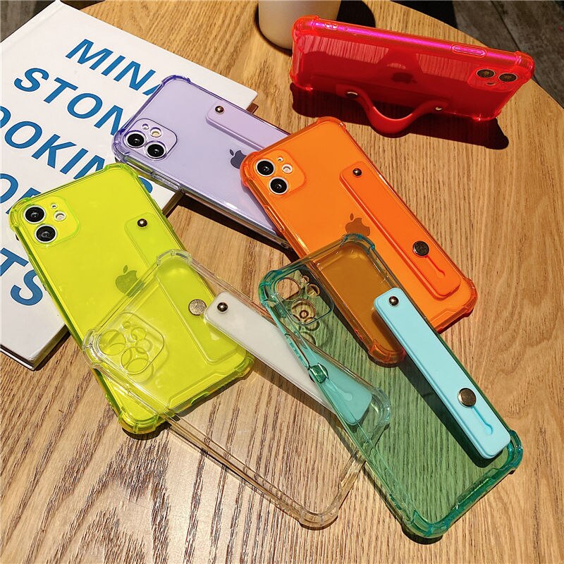 Wrist Strap Transparent Phone Case For iPhone 11 11Pro Max XR XS Max X 7 8 Plus 11Pro 12 Pro Fluorescent Color Soft Back Cover