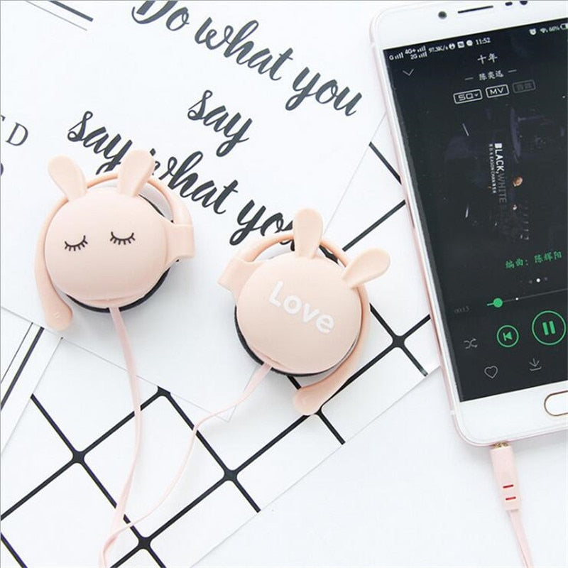 QearFun Cartoon Rabbit Ear Hook Wired Earphone Sport Running Stereo Headphones Children Girl Headset For Mobile Phone